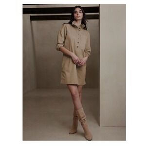 NWT Banana Republic Shirt Dress‎ Ruffle Collar Button Down Casual Khaki Size S